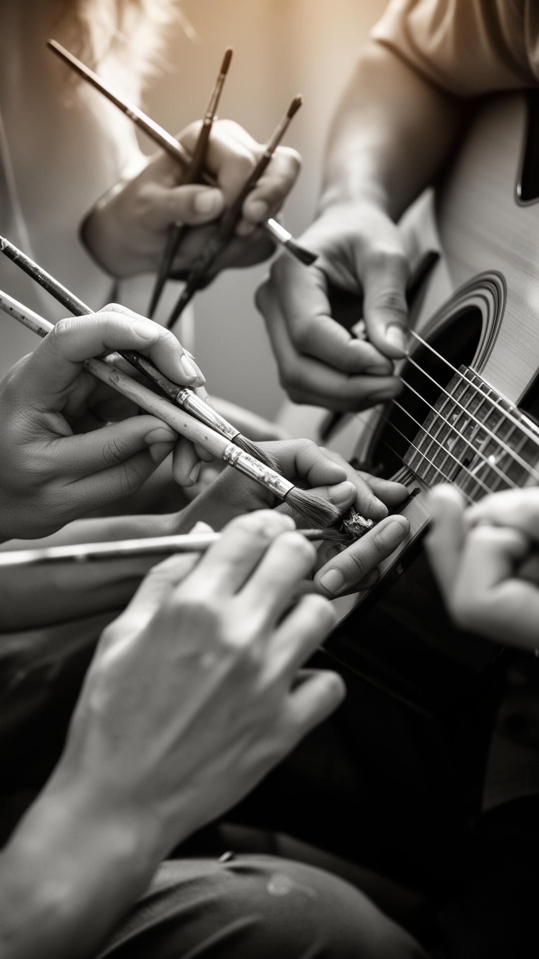 Artists' hands creating together